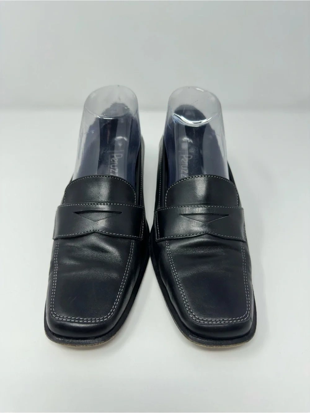 Vintage Peruzzi Black Leather Chunky Heel Penny Loafers Made in Italy Size 8.5